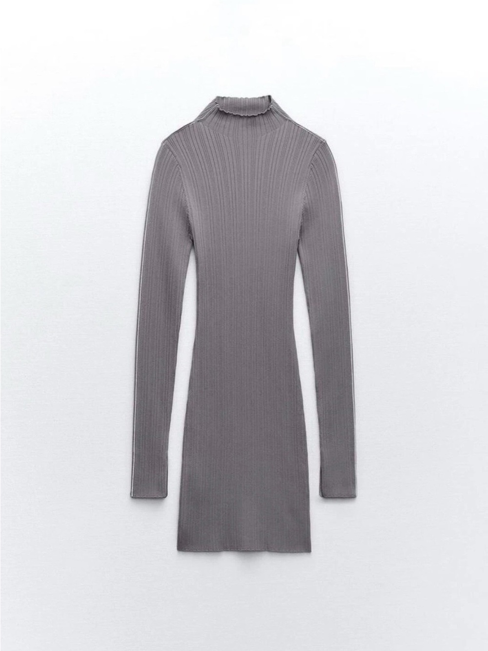 Zara Ribbed Knit Fitted Mini Dress Gray Size XS High Neck Long Sleeves - Picture 7 of 11